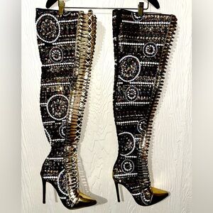 GOLD BEADED POINTED TOE HIGH KNEE HEEL BOOTS SIZE 8 NEW